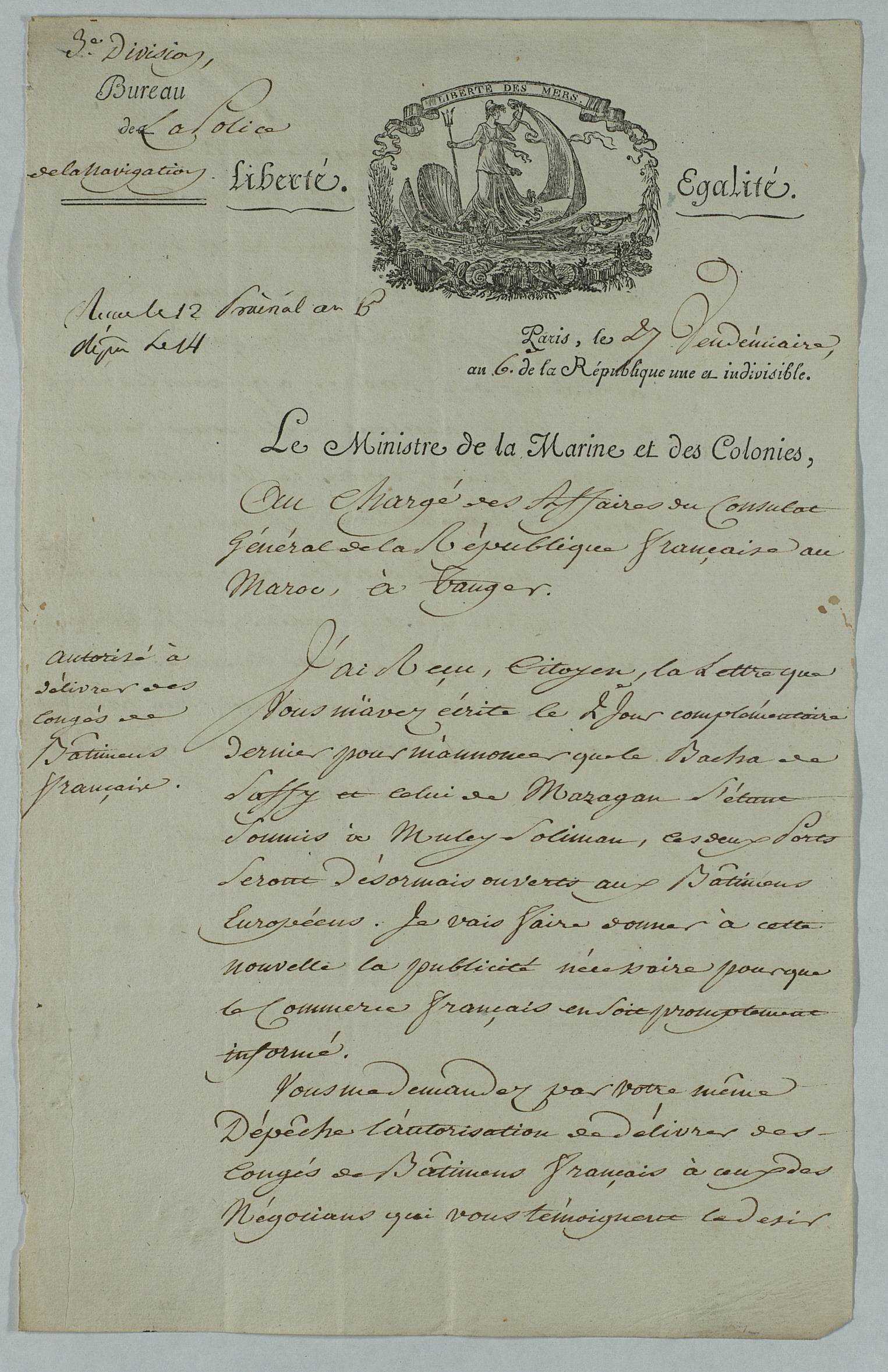 Correspondance et circulaires adressées par le ministère de la Marine au consulat général de France au Maroc.