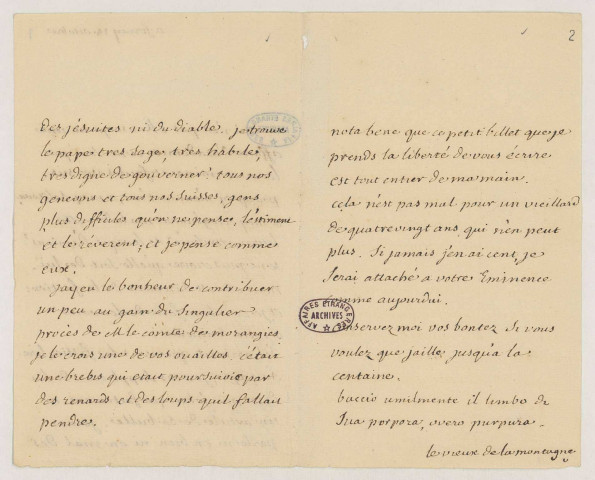 Lettre autographe signée de Voltaire au cardinal de Bernis, ambassadeur de France à Rome, à propos de la bulle supprimant l'ordre des jésuites (Ferney, 14 octobre [1773]).