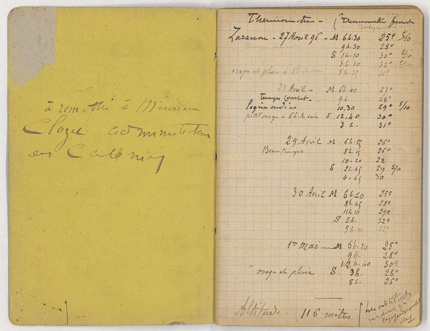 Carnet de relevés météorologiques effectués dans les localités de Zaranou, Abengourou, Amélékia, Attakrou, Yacassé et Asikano. Mention sur le contreplat supérieur : « à remettre à Monsieur Clozel administrateur aux colonies ».