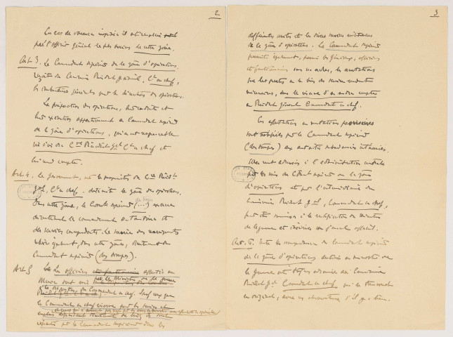 « Documents établis en vue de l'interprétation du décret [du 6 juillet 1925] ». Favorable à la réunion de tous les services sous le commandement d'un seul chef militaire, Lyautey, résident général du Maroc depuis 1912, commente les attributions et responsabilités de son poste, soulevant quelques contradictions et suggérant des modifications au décret. Notes autographes, tapuscrits et manuscrits avec quelques corrections autographes. In-4°.