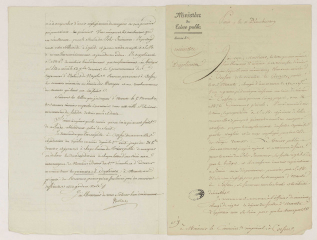Lettres de Nicolas François Mollien, ministre du Trésor public, adressées à Julien Bessières, alors commissaire impérial dans les Îles Ioniennes à Corfou, à propos d'envois de fonds à destination de Corfou interceptés par l'ennemi et des mesures à prendre à l'avenir pour assurer la sécurité de ces envois (Paris, 6 décembre 1808 et 11 décembre 1809).