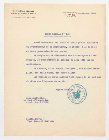 Organisation et fonctionnement du Gouvernement militaire.