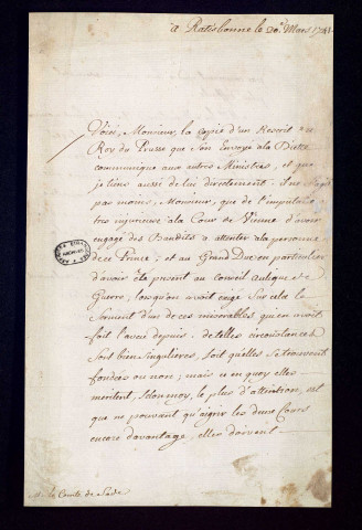 Lettres reçues par le comte Jean-Baptiste de Sade, ministre plénipotentiaire du roi auprès de l'Électeur de Cologne, de Denis Malbran de La Noue, ministre auprès de la Diète d'Empire, et du duc de Noailles, commandant en chef de l'armée d'Allemagne pendant la guerre de succession d'Autriche.