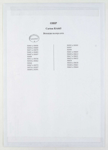 209SUP/665 - OBIP 50441 à 50665