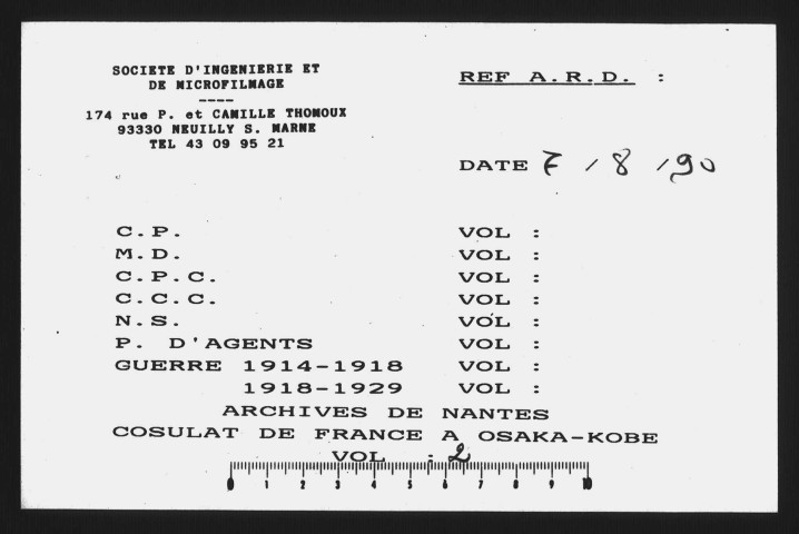 Correspondance avec la légation de France à Tokyo et le consulat de Yokohama (décembre 1870-septembre 1874).
Fol. 77 : correspondance avec les autorités locales (juillet 1879-juin 1888).