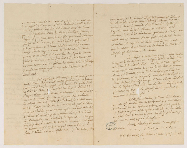 Lettre manuscrite non signée et non datée de Talleyrand à M. Bessières en poste à Venise et chargé d'une mission de consul général (Bosnie, Scutari, Janina, Raguse, Corfou, Zante, Coron).