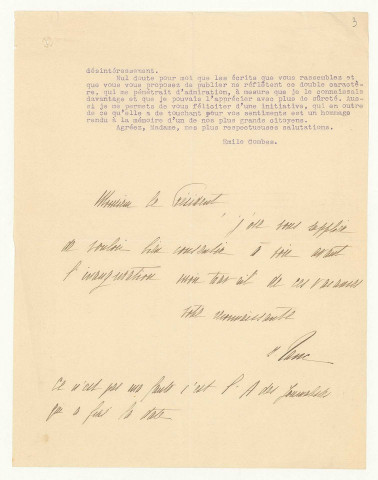 Lettres de Charlotte Ranc, veuve d'Arthur Ranc, à Aristide Briand ; tapuscrit de la préface de l'ouvrage, Souvenirs, correspondance, 1831-1908, publié en 1913 ; lettres et copie de lettres reçues par Arthur Ranc ; copie d'un article de Ranc dans le Matin du 14 février 1895 sur le scrutin de liste ; legs de Charlotte Ranc en faveur de Briand.