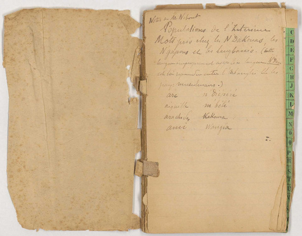 Répertoire « Notes de M. Nebout » et « Populations de l'intérieur. Mots pris chez les N'Dakoua, les N'Gapous et les Langbassis ». Au début, une note sur Bonga, fils de Bembé, chef du village de Diokoua, qui connut Crampel (couverture manquante).