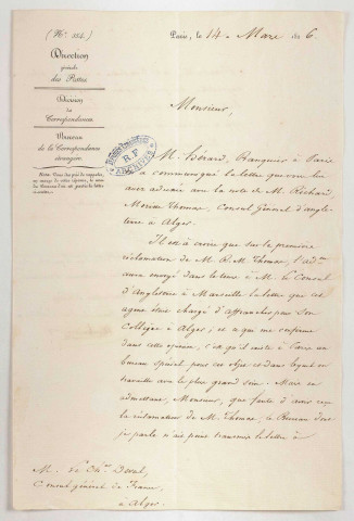 Correspondance avec le ministère de l'Intérieur, l'administration des postes, des douanes, la préfecture des Bouches-du-Rhône, les intendants de la santé à Marseille, le commissaire des classes à Martigues.