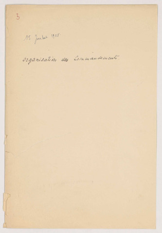 Notes, études et projets sur l'organisation des commandements au Maroc rédigés entre autres par le général Naulin et le lieutenant-colonel Vincent. Lyautey propose des officiers pour son état-major, son bureau militaire et son cabinet. Notes autographes, manuscrits et tapuscrits. In-4°.