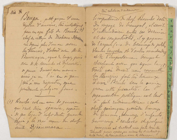 Répertoire « Notes de M. Nebout » et « Populations de l'intérieur. Mots pris chez les N'Dakoua, les N'Gapous et les Langbassis ». Au début, une note sur Bonga, fils de Bembé, chef du village de Diokoua, qui connut Crampel (couverture manquante).