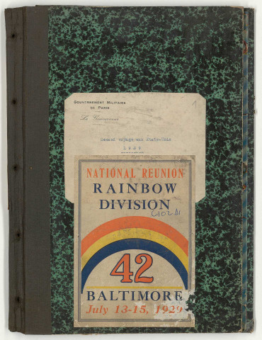Press-book composé de correspondance échangée avec diverses personnalités américaines relative à l'organisation du voyage (février-juin 1929), du programme et du journal de route du général rédigé à l'intention de sa famille, entrecoupé de coupures de presse, de menu, de programme et de notes sur des évènements passés qu'il utilise à l'occasion des discours (10 juillet-1er août 1929), ou faisant la liste des convives des repas auxquels il a été invité, de la correspondance reçue au moment de son départ et ultérieurement en souvenir du voyage dont lettres de Paul et Reine Claudel (19 juillet-20 janvier 1930), des coupures de presse (juillet-septembre 1929), des discours du général Gouraud (14-27 juillet 1929), liste des passagers au retour (27 juillet 1929).