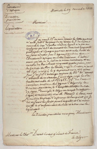 Minutier des lettres de Pierre Deval, consul général de France à Alger, à Faurrat, « directeur principal provisoire » des concessions d'Afrique à Marseille (mars 1817-août 1818).
Lettres de Faurat, directeur provisoire des concessions d'Afrique en liquidation, à Pierre Deval (septembre 1821-novembre 1822).