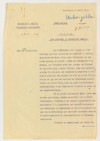 Liban- Réforme électorale et statut organique.