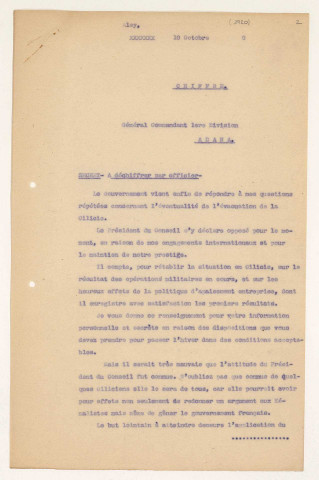 Télégrammes quotidiens au départ de Beyrouth ou d'Aley signés du général Gouraud ou, en son absence, de Robert de Caix au général Dufieux et délégués à Adana.