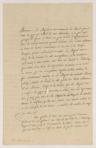 Lettre manuscrite non signée et non datée de Talleyrand à M. Bessières en poste à Venise et chargé d'une mission de consul général (Bosnie, Scutari, Janina, Raguse, Corfou, Zante, Coron).