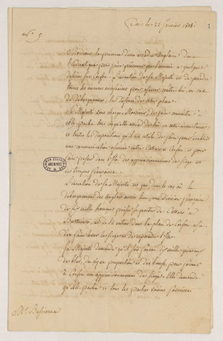 Deux lettres de Champagny à Bessières, commissaire impérial à Corfou et consul à Venise (Paris, 25 janvier 1808, et Bayonne, 17 juin 1808).
Deux autres pièces (Paris, 1er octobre 1809, et [s.l.][s.d.]).