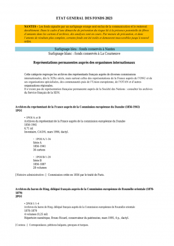 FR MAE, état général des fonds, Représentations permanentes auprès des organismes internationaux