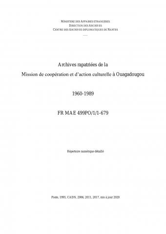 FR MAE 499PO/1/1-679, Ouagadougou, MCAC, 1960-1989