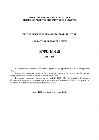 FR MAE 557PO/1/1-128, Quito, ambassade, 1835-1975