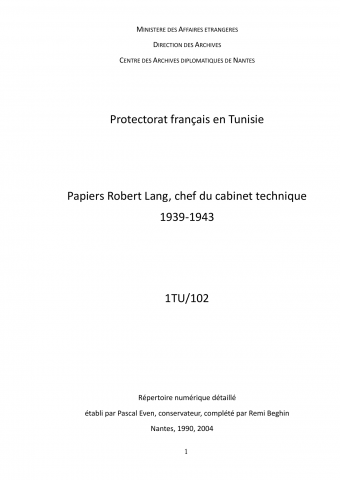 FR MAE 1TU/102, Cabinet technique, papiers Lang, 1939-1943