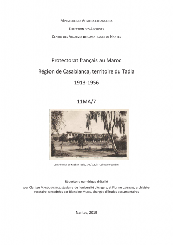 FR MAE 11MA/7, Protectorat français au Maroc, région de Casablanca, territoire de Tadla, 1913-1956