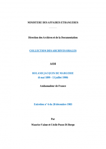 FR MAE 8AO, transcription 6 entretiens de Roland de MARGERIE