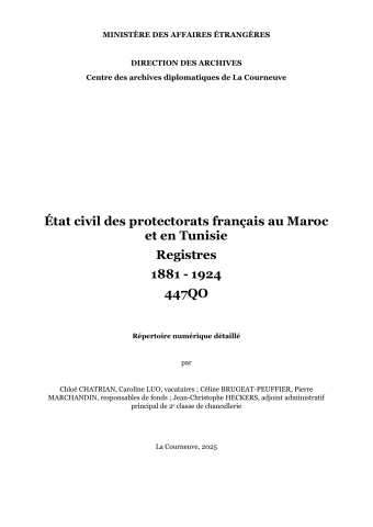 FR MAE 447QO, État civil, Maroc-Tunisie, registres, 1881-1924