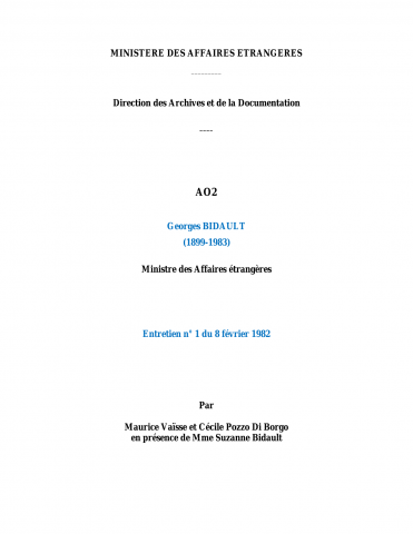 FR MAE 2AO, Transcriptions d'entretiens de Georges BIDAULT