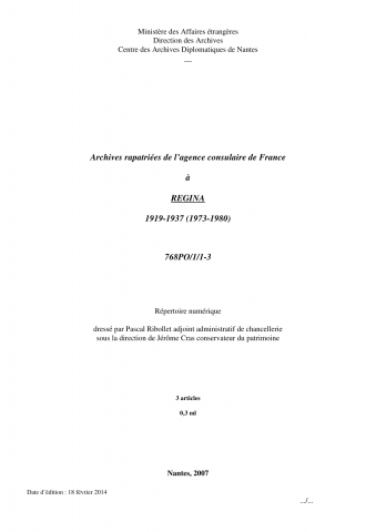 FR MAE 768PO/1, Régina, agence consulaire, 1919-1937
