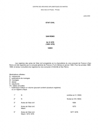 FR MAE 185EC, San Remo, état civil consulaire, primata, 1802-1878