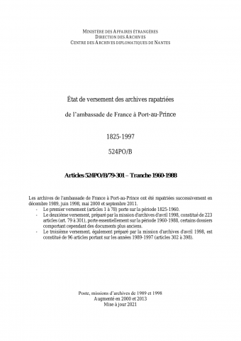 FR MAE 524PO/B/79-301, Port-au-Prince, ambassade, 1825-1997