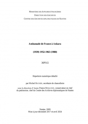 FR MAE 36PO/2, Ankara, ambassade, 1952-1963
