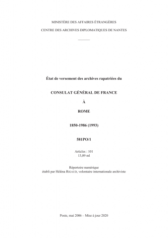 FR MAE 581PO/1, Rome, consulat, 1850-1986