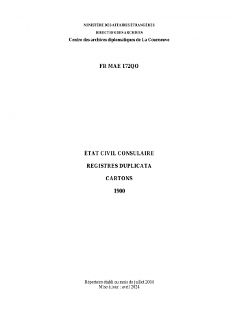FR MAE 172QO, État civil consulaire, registres duplicata, cartons, 1900