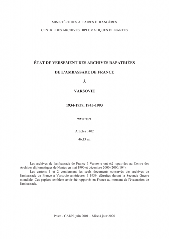 FR MAE 721PO/1, Varsovie, ambassade, 1934-1993