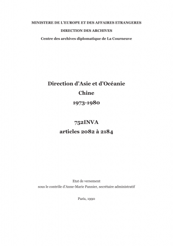FR MAE 752INVA, Direction d'Asie-Océanie, Chine, 1973-1980