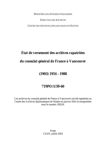 FR MAE 719PO/1/39-60, Vancouver, consulat, 1954-1988