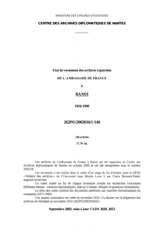 FR MAE 262PO/2002034/1-146, Hanoi, ambassade, 1954-1990