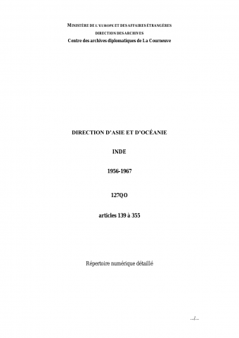 FR MAE 127QO, Asie-Océanie, Inde, 1956-1967