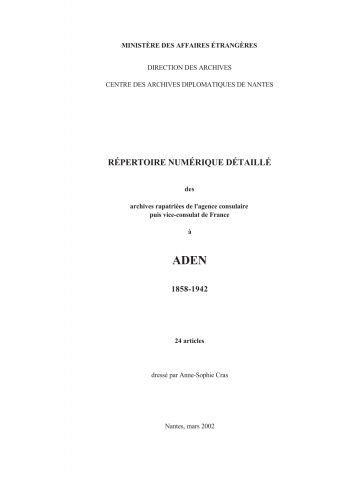 FR MAE 12PO/1, Aden, consulaire, 1858-1942