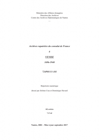 FR MAE 724PO/1, Venise, consulat, 1696-1940