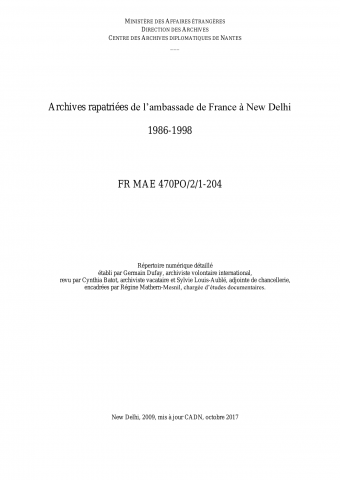 FR MAE 470PO/2/1-204, New Delhi, ambassade, 1986-1998
