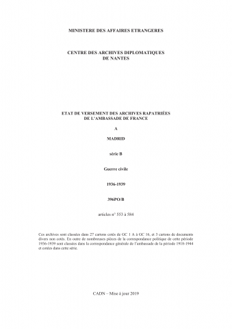 FR MAE 396PO/B/553-584, Madrid, ambassade, 1813-1939