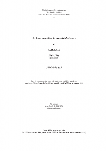 FR MAE 26PO/1/91-183, Alicante, consulat, 1960-1990