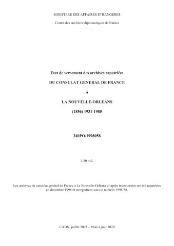 FR MAE 340PO/1998058, La Nouvelle-Orléans, consulat, 1931-1985