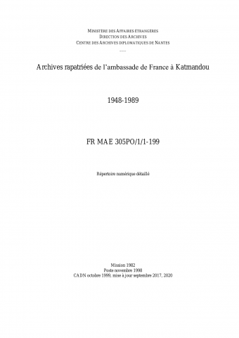 FR MAE 305PO/1/1-199, Katmandou, ambassade, 1948-1989