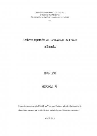 FR MAE 62PO/2, Bamako, ambassade, 1992-1997