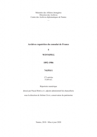 FR MAE 741PO/1, Winnipeg, consulat, 1892-1986