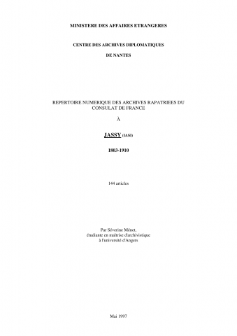 FR MAE 291PO/1, Jassy, consulat, 1803-1910